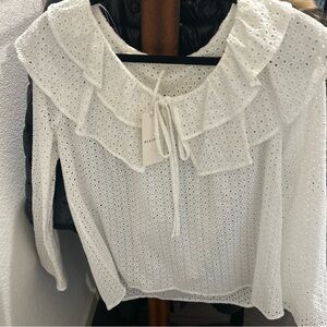 Pleione White Eyelet long sleeve Ruffle Blouse Anthropologie medium